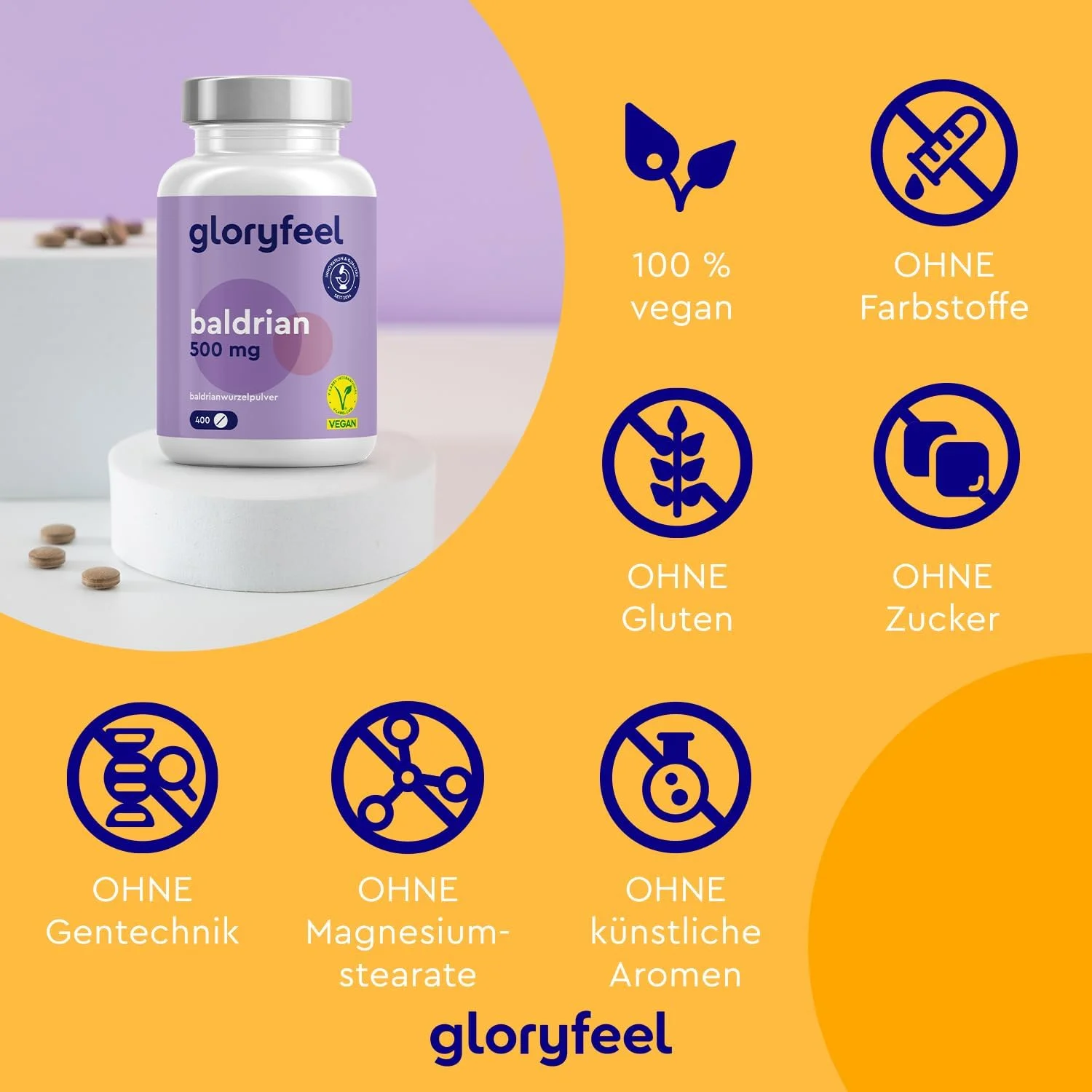400 baldrian hochdosiert Tabletten – 500 mg Baldrianwurzelpulver – Vegan – Gloryfeel – Bild 5