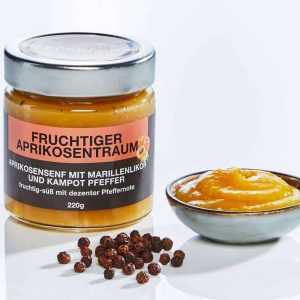 Aprikosensenf (220ml) mit Marillenlikör und rotem Kampot Pfeffer